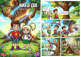 Made a 1-page kids superhero comic with AI — Nikita & Eva rescue a kitten (full page inside)'