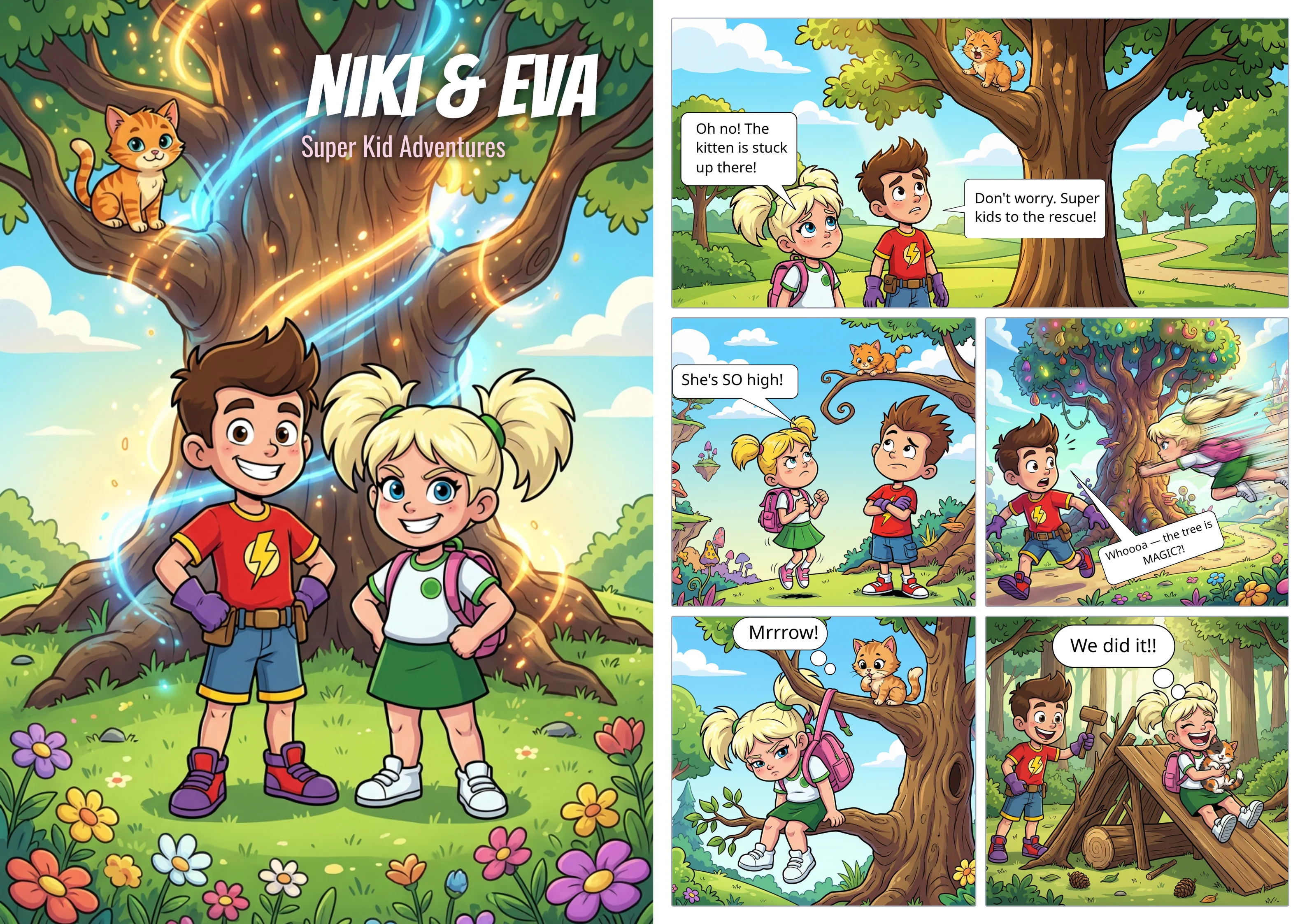 Made a 1-page kids superhero comic with AI — Nikita & Eva rescue a kitten (full page inside) picture 1 of 1