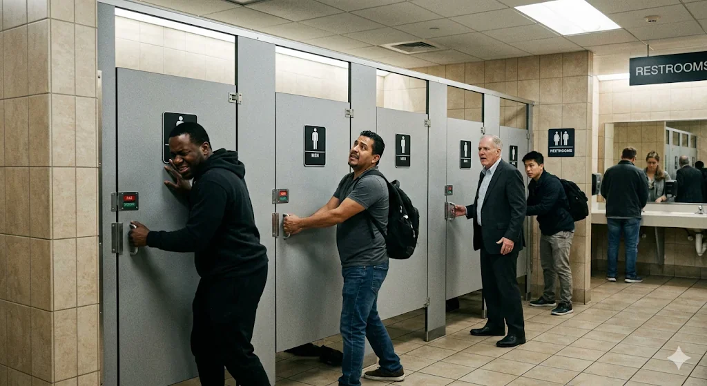 What if mysteriously all the toilet doors in america gets locked and no one can open them no matter how they try ? picture 1 of 1