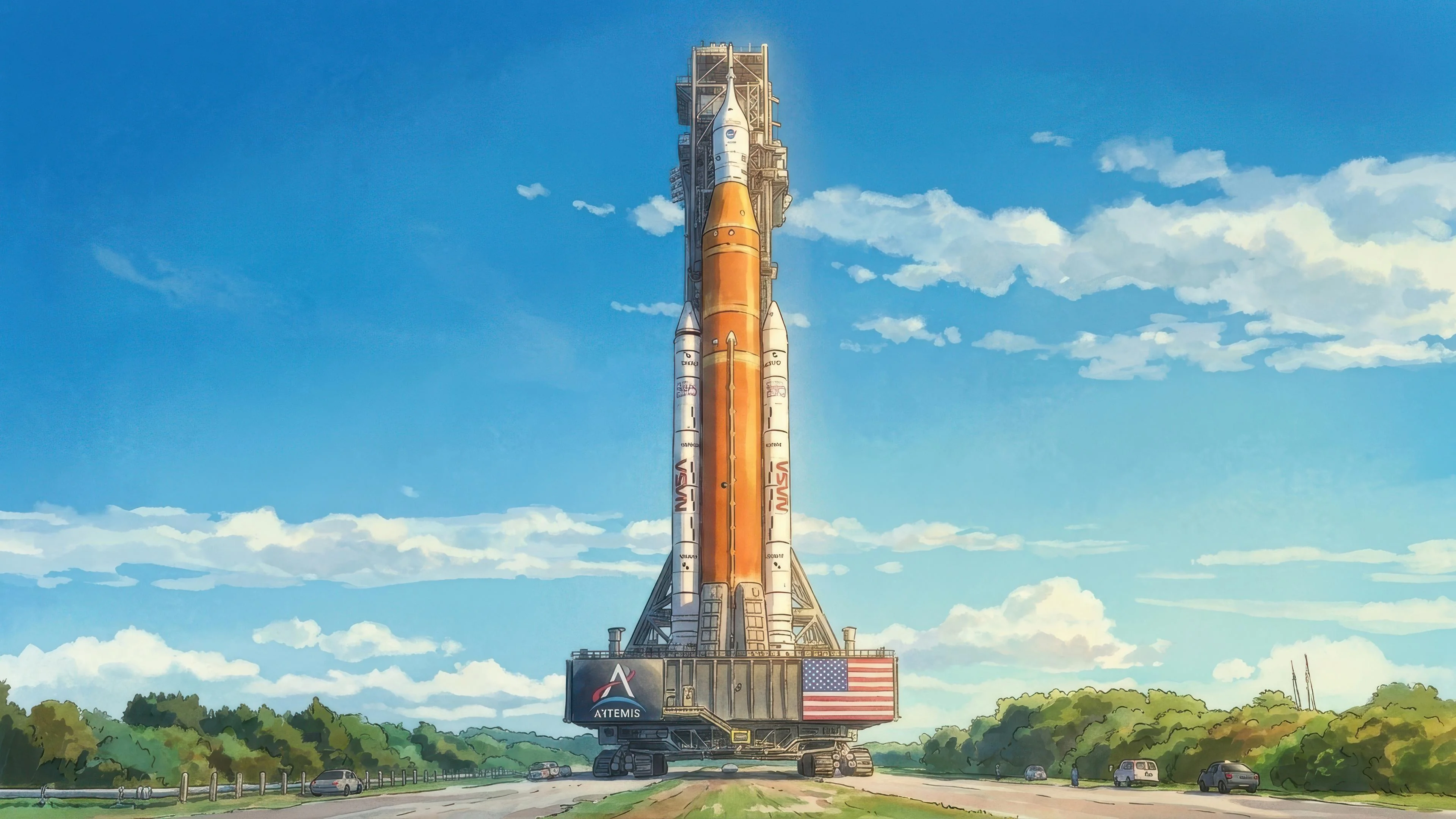 NASA Artemis II Rocket Rolling Out in Ghibli Anime Art Style (3840x2160) picture 1 of 1