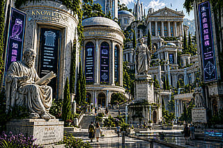 Knowledge District of an Eco-Cyberpunk city, blending the past and the future'