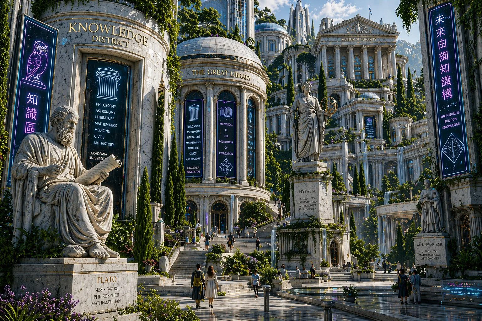 Knowledge District of an Eco-Cyberpunk city, blending the past and the future picture 1 of 1