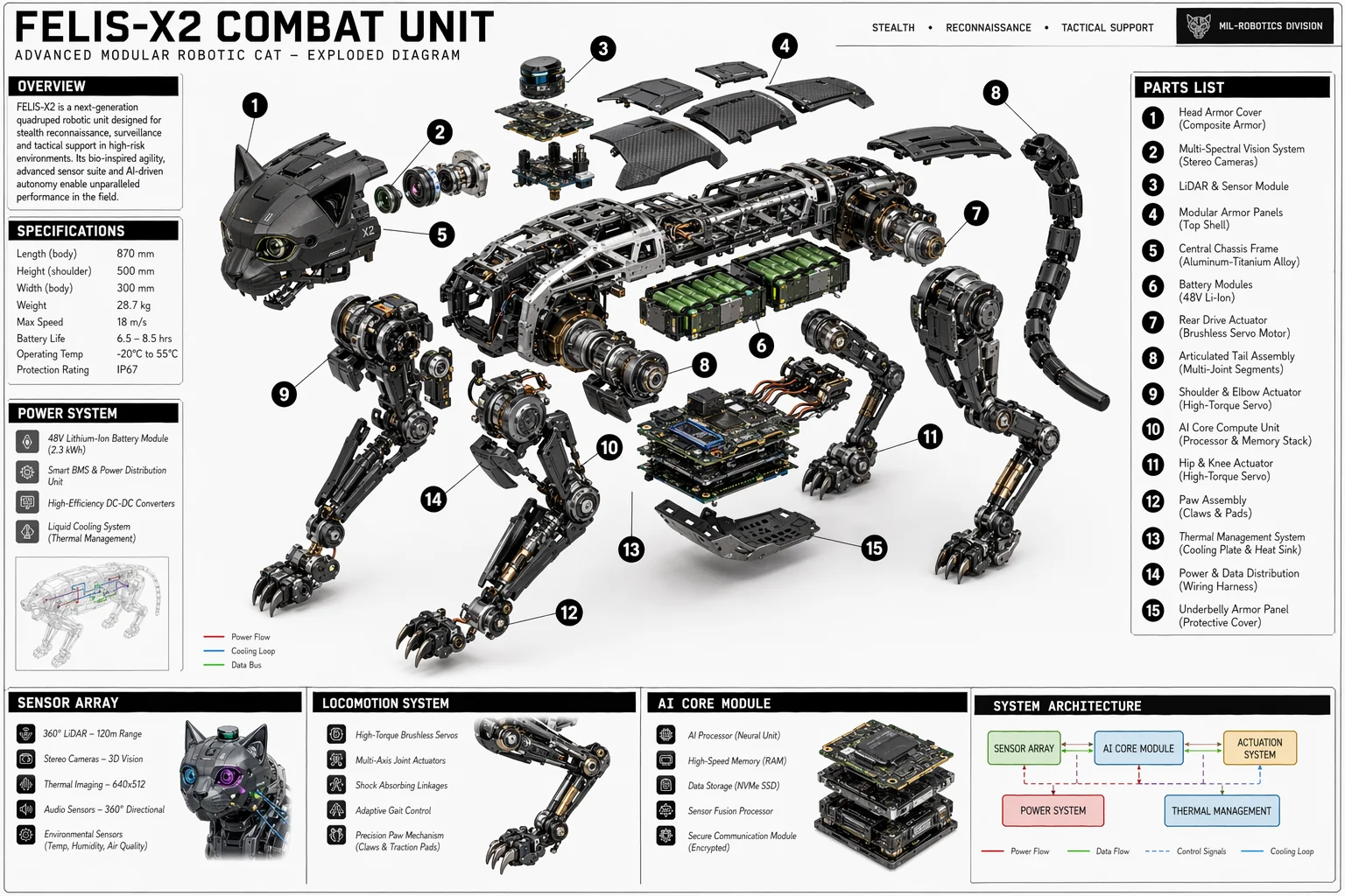 “Felix-X2 Robotic Combat Cat Exploded Diagram” picture 1 of 1