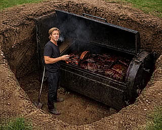 Brad Pitt, Standing in a Pit, Smoking Meat on a BBQ Pit.'