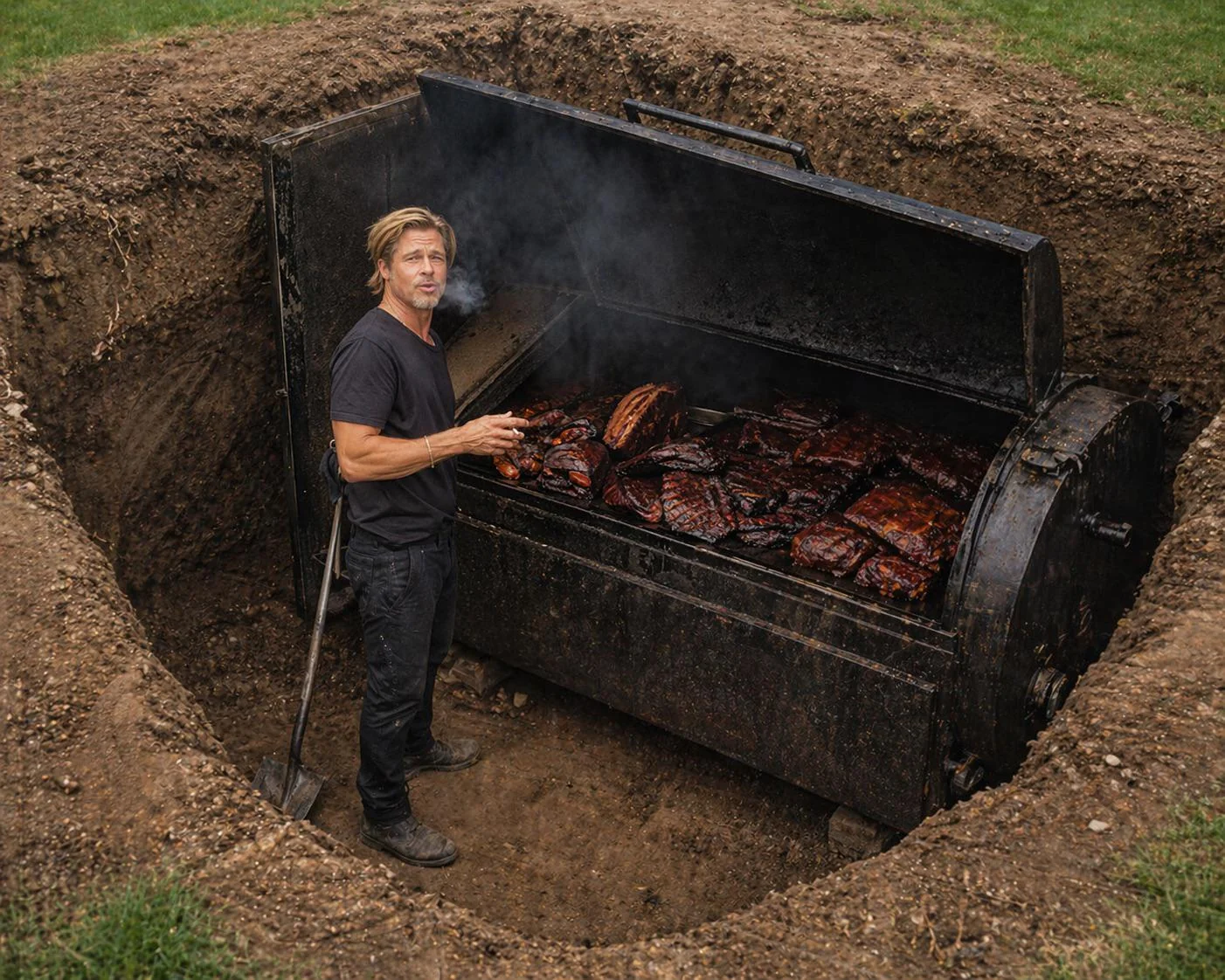 Brad Pitt, Standing in a Pit, Smoking Meat on a BBQ Pit. picture 1 of 1