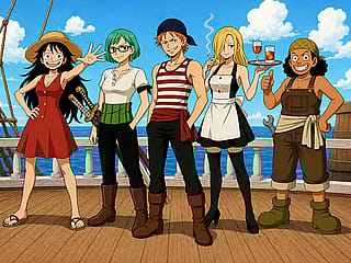 My interpretation of the One Piece Straw Hat Pirates, genderbent.'