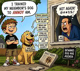 Prompted AI to re-create humorous essay (I Trained My Neighbor's Dog to Annoy Him) in cartoon form.'