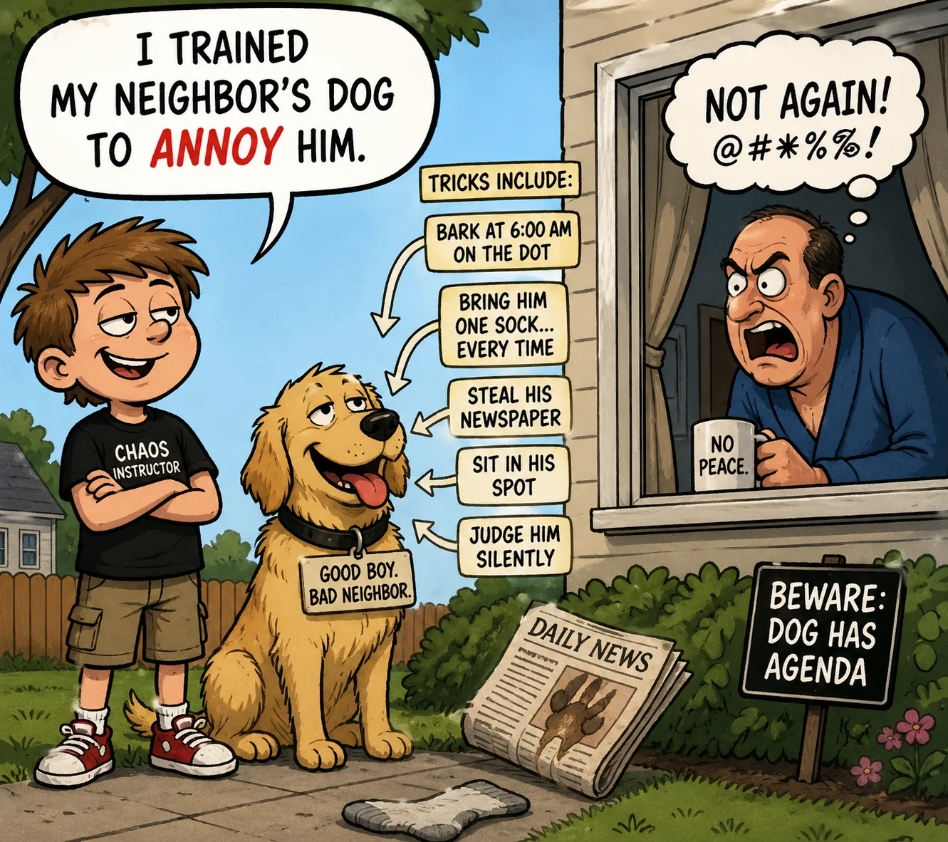 Prompted AI to re-create humorous essay (I Trained My Neighbor's Dog to Annoy Him) in cartoon form. picture 1 of 1