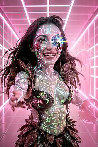 Equations in wood a masked bloom in neon tangle'