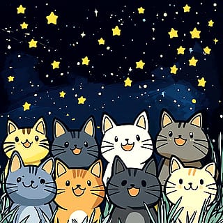 A Group of Cats Beneath the Starry Sky'