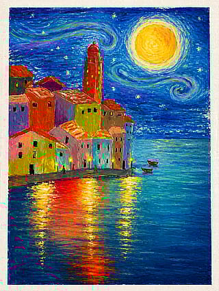 Van Gogh-inspired coastal town — from my drawing to AI-enhanced☺️'