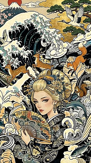 Fantasy Scroll of Waves, Fuji, and Animals / Phone Wallpaper Archives'