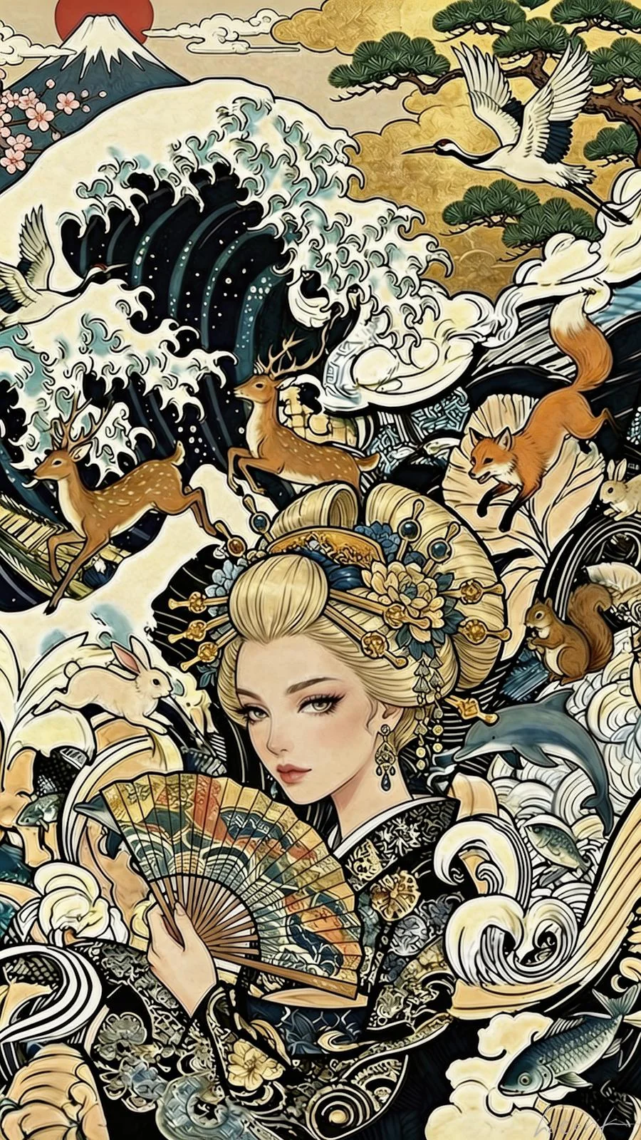 Fantasy Scroll of Waves, Fuji, and Animals / Phone Wallpaper Archives picture 1 of 1