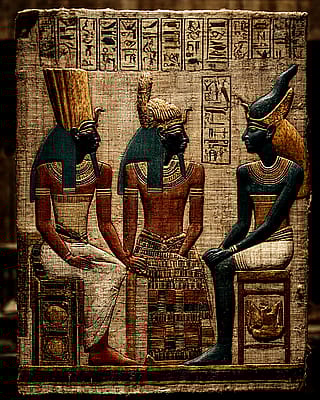 Osiris — Egyptian mythology. Murdered by his brother Set, dismembered, and reassembled by his wife Isis, he became the first being to return from death and thereafter ruled the Duat — the underworld — as judge of all souls.'
