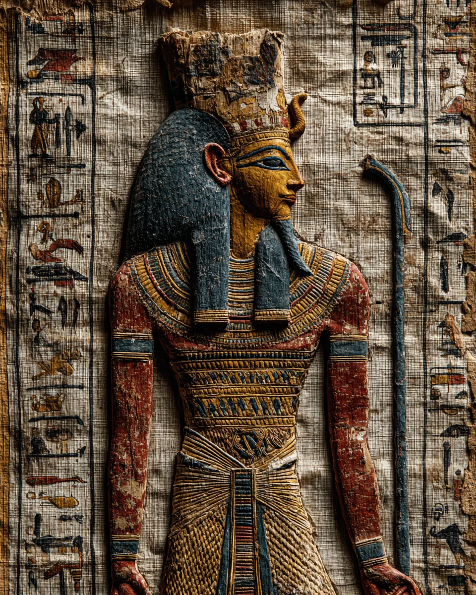 Osiris — Egyptian mythology. Murdered by his brother Set, dismembered, and reassembled by his wife Isis, he became the first being to return from death and thereafter ruled the Duat — the underworld — as judge of all souls. picture 2 of 3