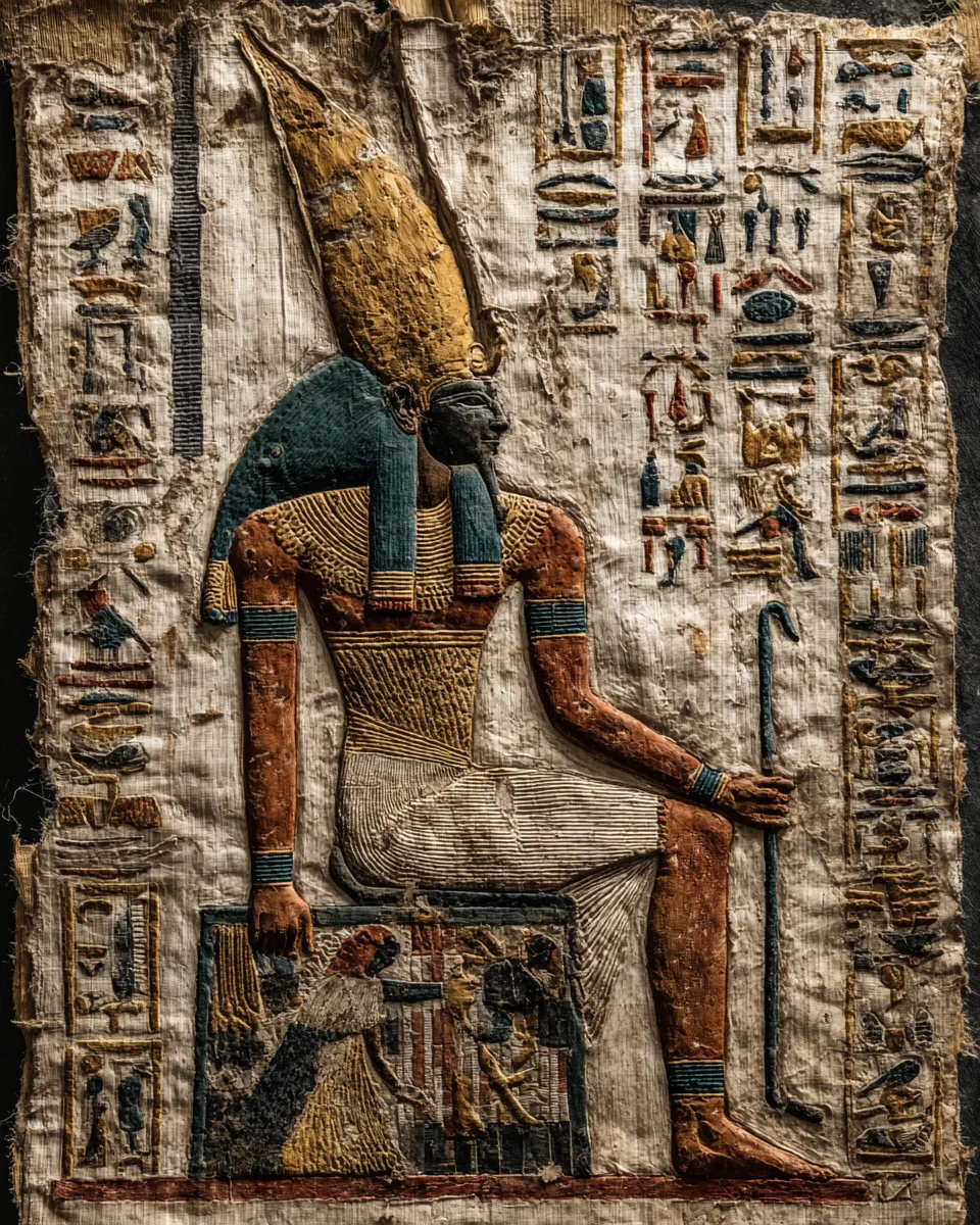 Osiris — Egyptian mythology. Murdered by his brother Set, dismembered, and reassembled by his wife Isis, he became the first being to return from death and thereafter ruled the Duat — the underworld — as judge of all souls. picture 3 of 3