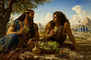 Gilgamesh and Enkidu eating lettuce classical art (Epic of Gilgamesh)'