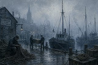 Docks on a foggy evening'