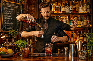 A Bartender with Four Arms Mixing a Drink'