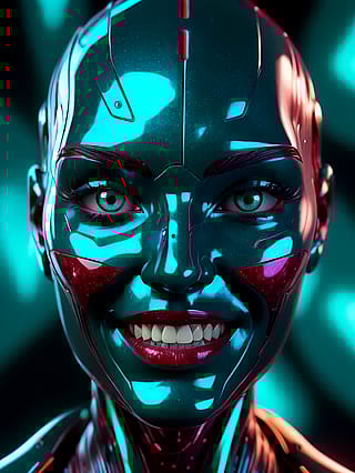 Synthetic eyes blaze in violet twilight'