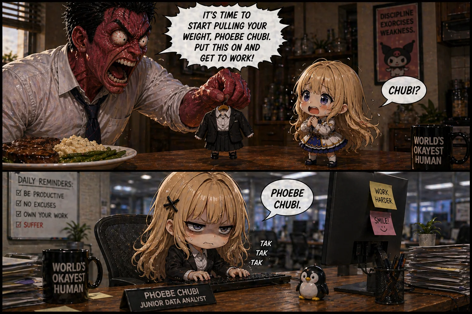 I've been seeing these characters on AI videos on social media, so I made some comics of them. picture 1 of 6