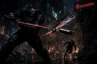 The Butcher of Arasaka defending his apprentice from an incoming tungsten slug, shot via railgun'