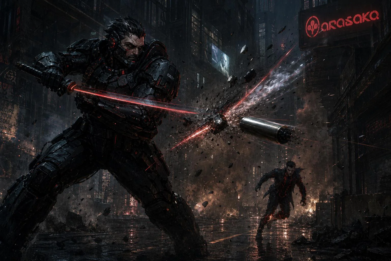 The Butcher of Arasaka defending his apprentice from an incoming tungsten slug, shot via railgun picture 1 of 1