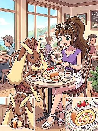 Skye and Mimi having a snack at a cafe'