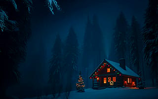 A warm and inviting cabin in a snowy forest at night'