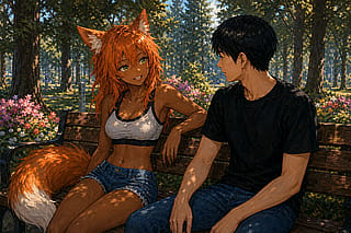 Man and foxgirl having a leisurely chat, anime-style, painterly'