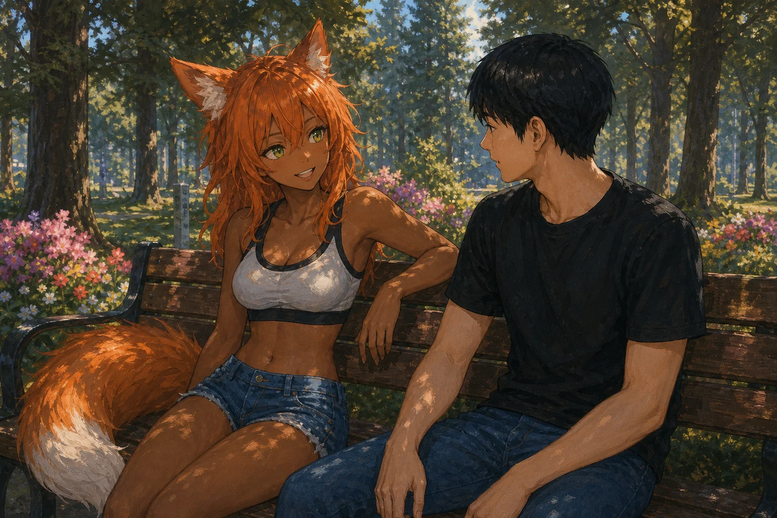 Man and foxgirl having a leisurely chat, anime-style, painterly picture 1 of 1