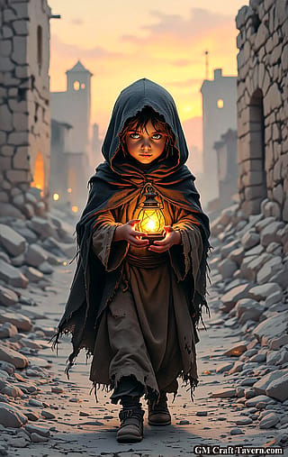 Orphan With Lantern in Ruins'
