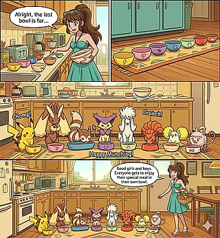 Skye feeding her Pokemon'