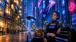 cyberpunk city with cyberpunk lady'