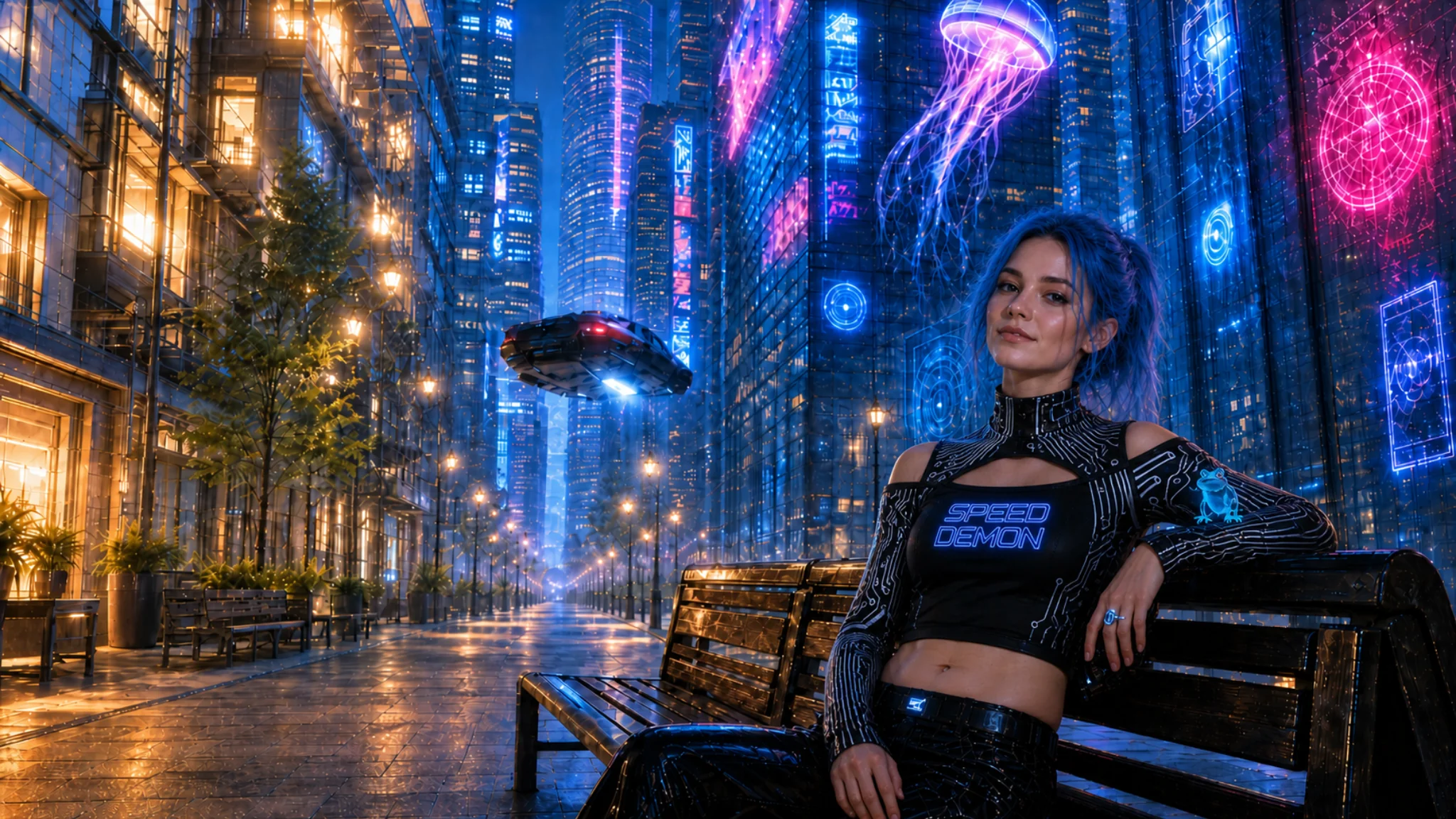 cyberpunk city with cyberpunk lady picture 1 of 1