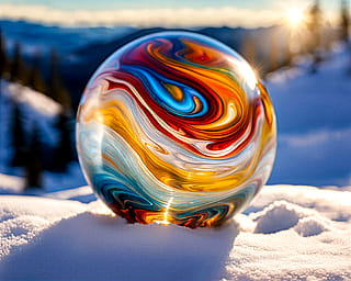 Glass paperweight on display on a snowy mountaintop'
