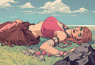 Girl with beads laying in grass'