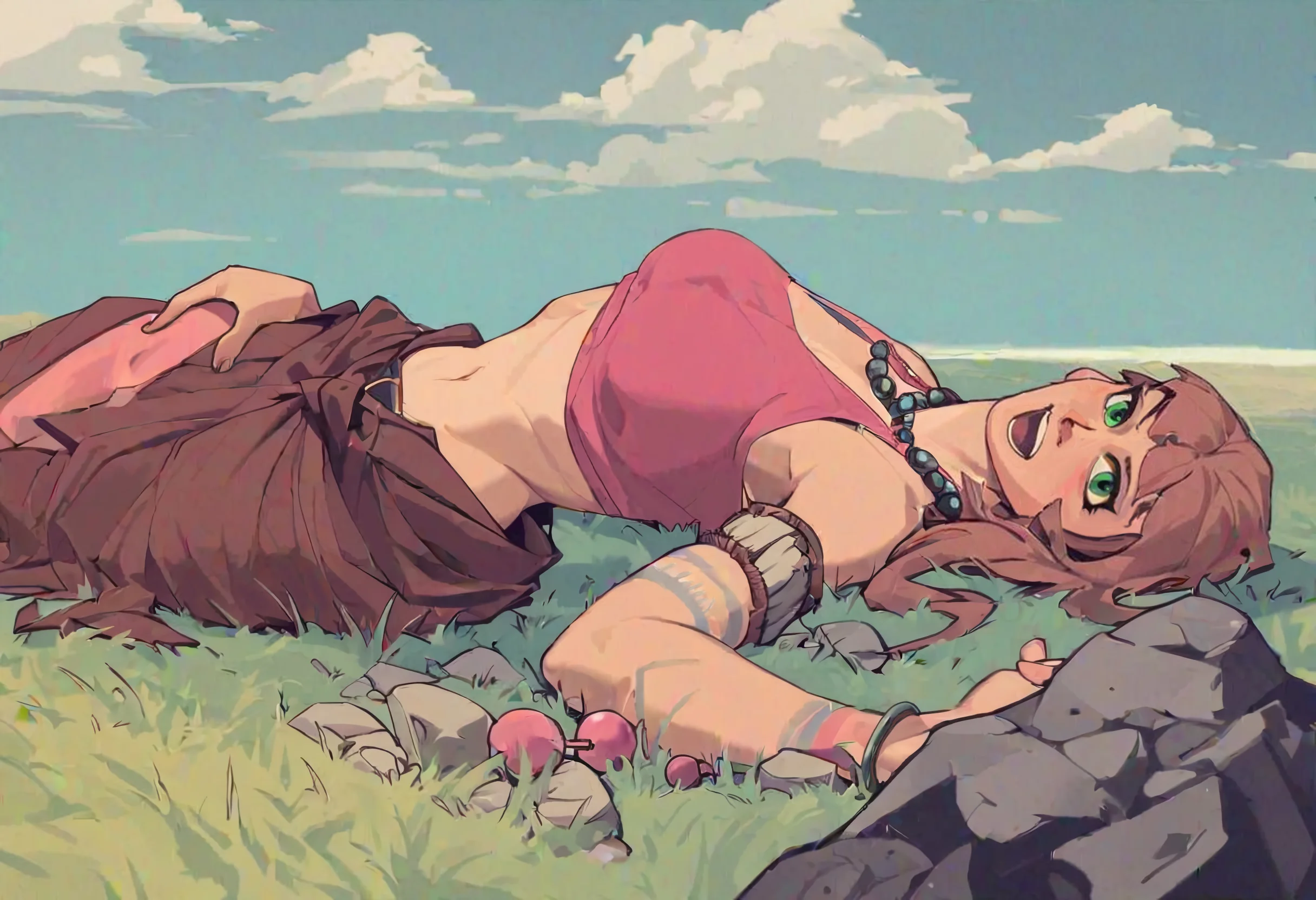 Girl with beads laying in grass picture 1 of 3