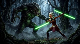 Star Wars fanart: Ahsoka Tano fighting against an alien monster'