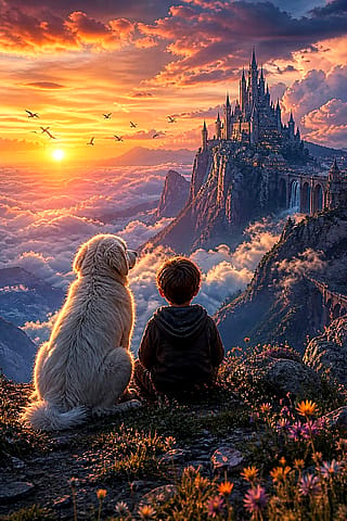 A boy and his dog watching a floating kingdom at sunset — tried to capture pure wonder'