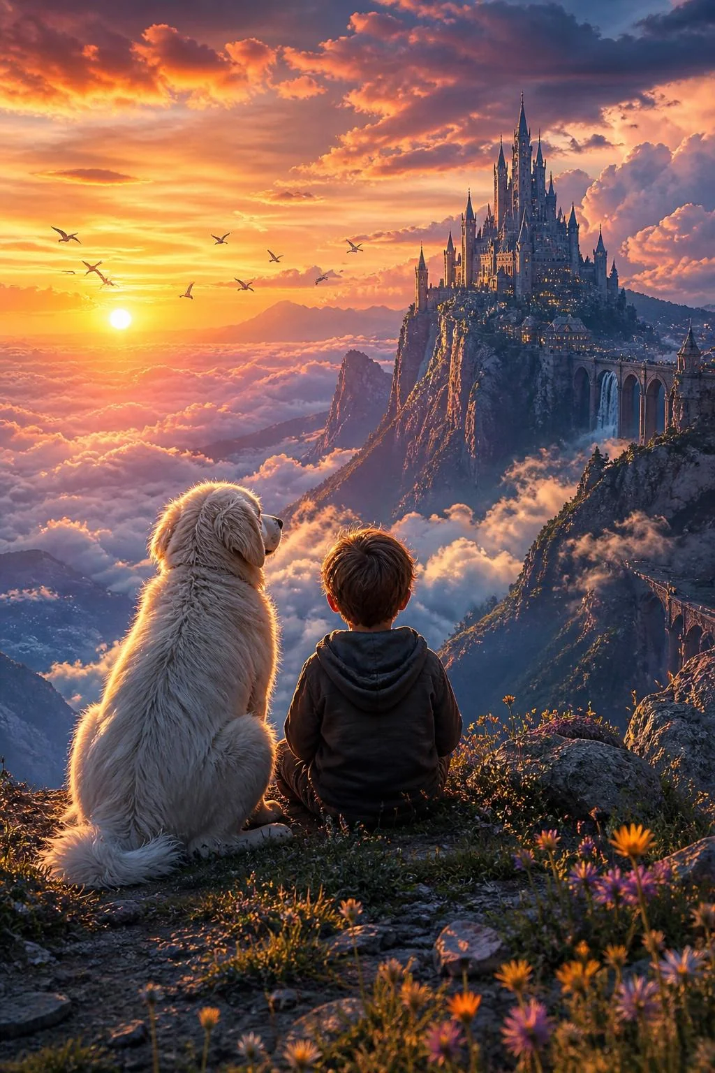 A boy and his dog watching a floating kingdom at sunset — tried to capture pure wonder picture 1 of 1