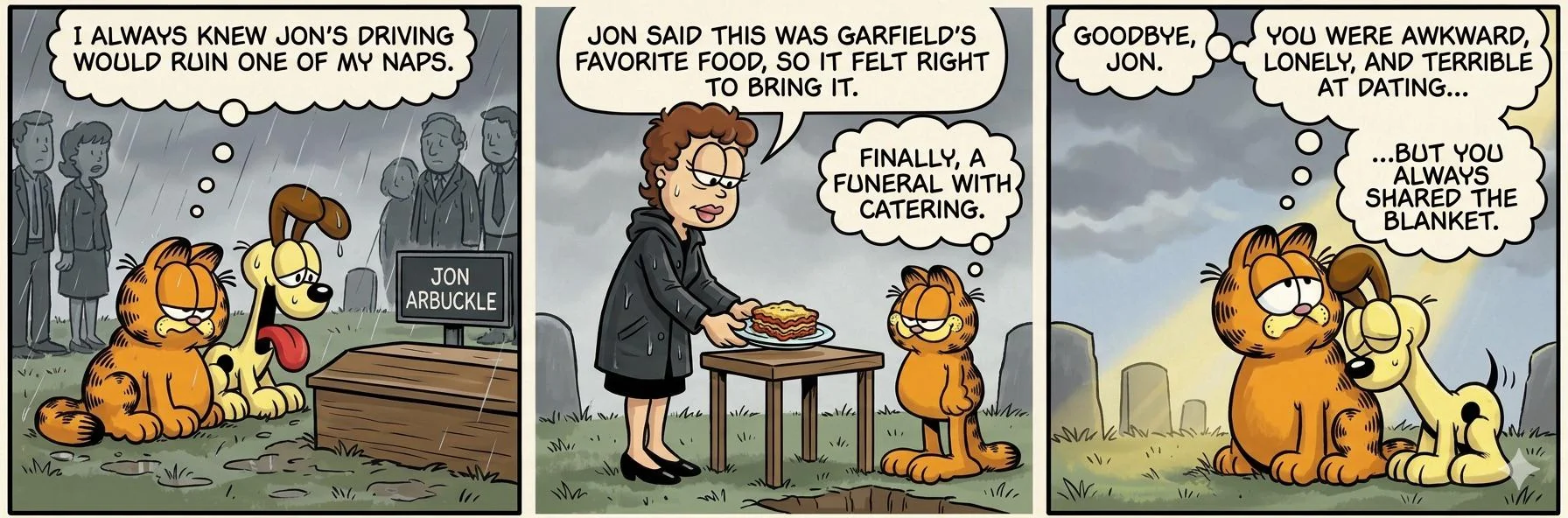 Garfield attends Jon's funeral after Jon died in a car crash. picture 1 of 1