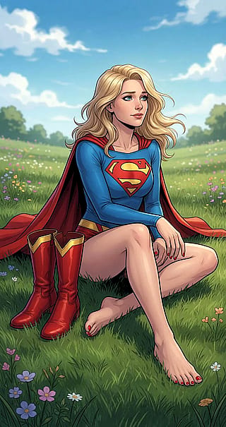 Supergirl relaxing in a meadow'