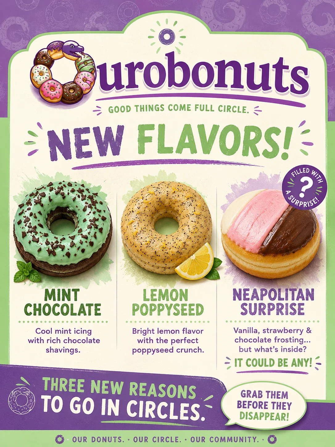 Ads for new flavors of donuts from a fake donut chain: Ourobonuts picture 1 of 2