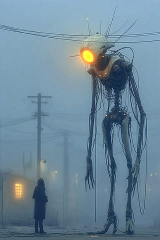 An encounter between a human and an alien robot'