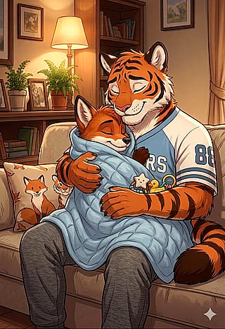 Baby Fox and Daddy tiger cuddles'