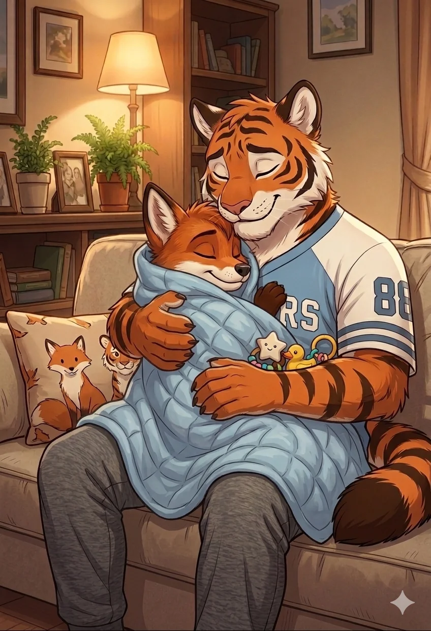 Baby Fox and Daddy tiger cuddles picture 1 of 1