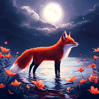 A Fox Standing in Water Under the Moonlight'