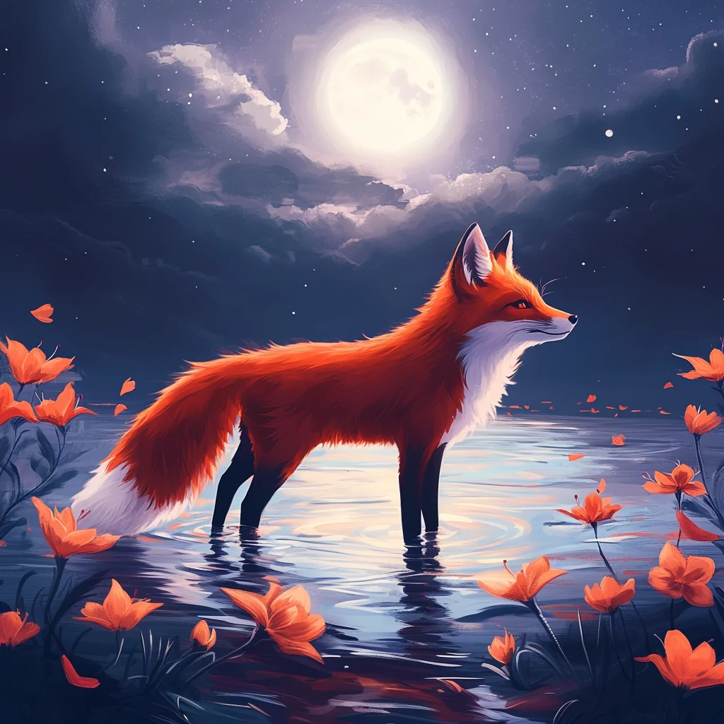 A Fox Standing in Water Under the Moonlight picture 1 of 1