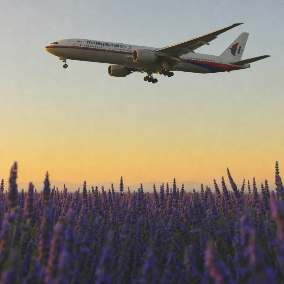 Boeing 777 Takeoff shown in a lavender field. picture 1 of 1
